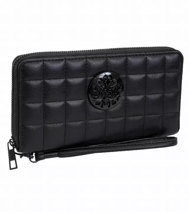 Rebecca & Rifka Smooth Boxed Quilt Medallion Zip Wristlet Wallet — BK/BK