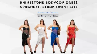 Chicaluv Wholesale - Women’s Rhinestone Bodycon Dress – Spaghetti Strap Front Slit