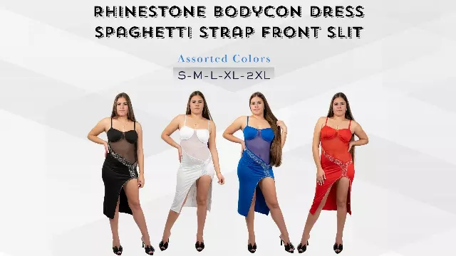 Chicaluv Wholesale - Women’s Rhinestone Bodycon Dress – Spaghetti Strap Front Slit