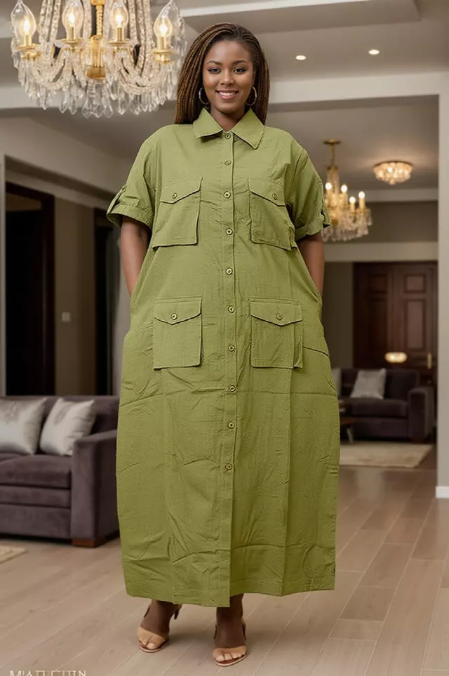 7897 - Ankle Length Button Down 4-Pockets Maxi Dress - $25.00 Each (3 pcs per pack) — Free Size / Olive