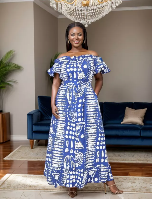 7807- Off-Shoulder Authentic African Long Dress (3 PCS PRE-PACK) - $20.00 EACH — One Size (4 - 24) / Print-631