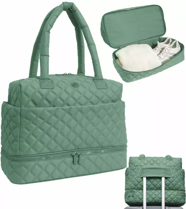 Joan & David The Isabel Quilted Nylon Drop Bottom Duffel Bag — 104-SAGE