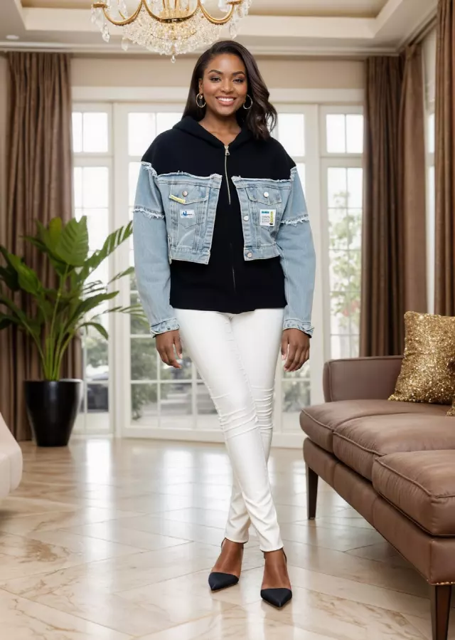 25028 - Women's Big Pockets Distressed Denim Zipper Hoodie/Sweater ($30.00 Each) — Black / One Size Fits Most