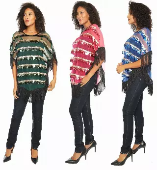 CHH-19001- Sheer Sequin-Detail Poncho-Style Top with Fringes - ONE SALE One Size (6-PCS PRE-PACK) $7.5 Each