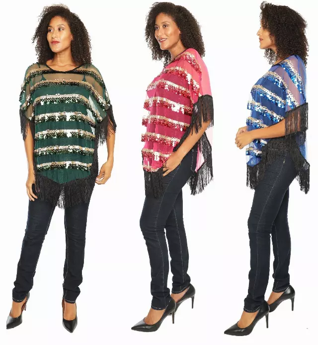CHH-19001- Sheer Sequin-Detail Poncho-Style Top with Fringes - ONE SALE One Size (6-PCS PRE-PACK) $7.5 Each