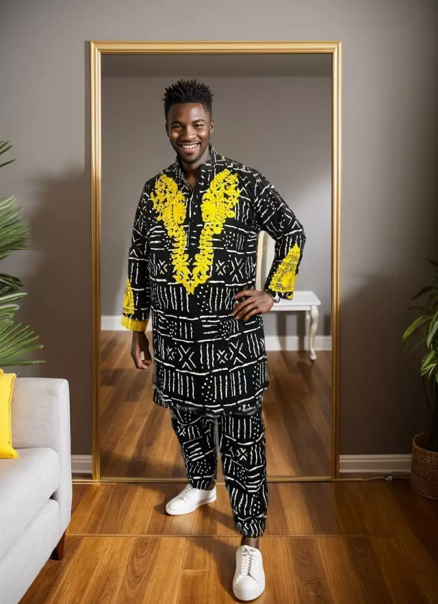18035LS- Men's Ankara 3 pc Set (Top, Pants & Kufi) - (3 Per Pack) - $25.00 EACH — One Size Fits Most / 569