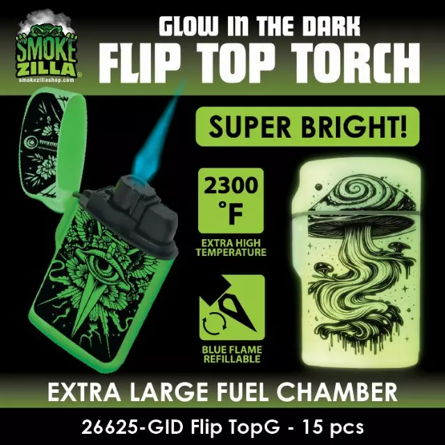 Glow in The Dark Flip Top Lighter - 15 Pieces Per Retail Ready Display 26625