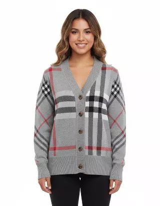 Button-Down Cardigan With Bold Plaid Design — Grey / S-M-L-XL-2XL