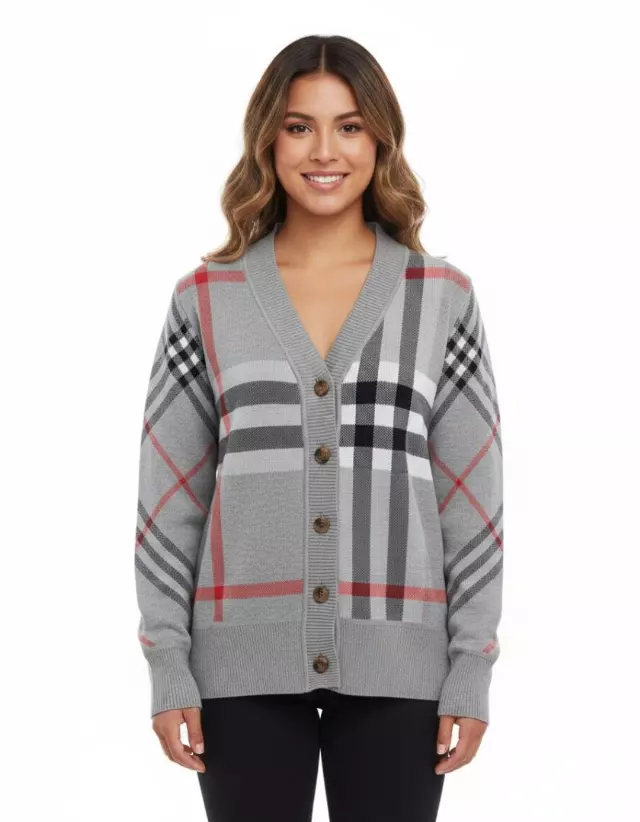 Button-Down Cardigan With Bold Plaid Design — Grey / S-M-L-XL-2XL