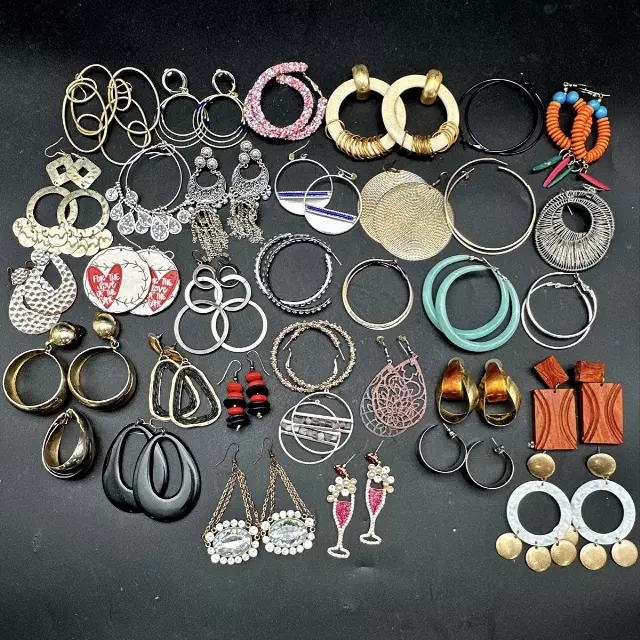 Vintage to Modern Costume Jewelry Earrings Lot Hoops Dangles Rhinestone 35 Pairs