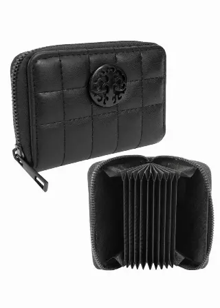 Rebecca & Rifka Smooth Boxed Quilt Medallion Zip Accordion Wallet — BK/BK