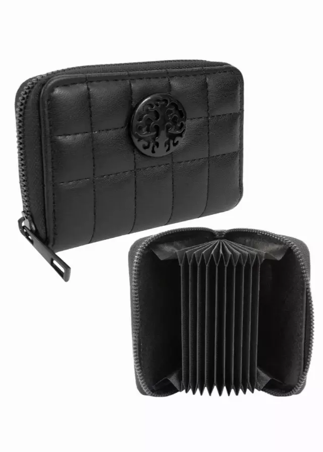 Rebecca & Rifka Smooth Boxed Quilt Medallion Zip Accordion Wallet — BK/BK