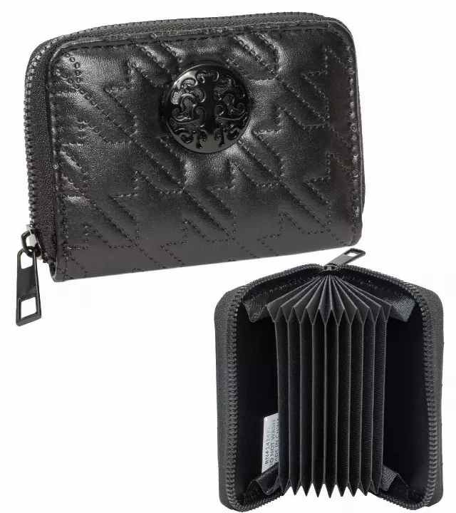 Rebecca & Rifka Smooth Houndstooth Quilt Medallion Zip Accordion Wallet — BK/BK