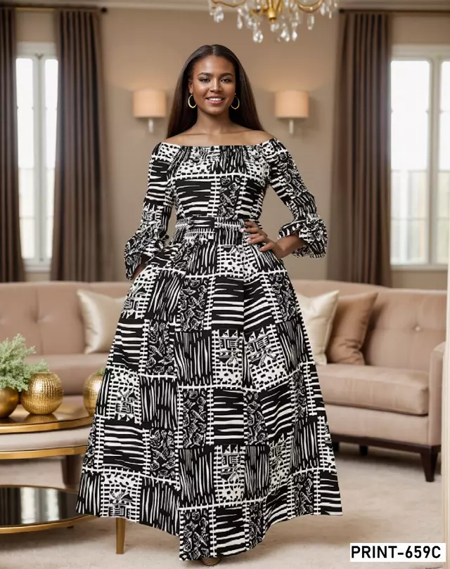 7556 -NEW PRINTS ALERT!!!! Off Shoulder Maxi Dress in Ankara Prints - $25.00 Each (3 pcs per pack) — Free Size / Print-659C