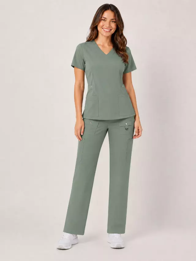 Vivian | 6-Pocket Top and Snap Pocket Straight Leg Pant Set — Mint Pistachio / S