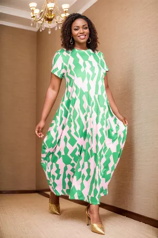 22158 Geo-Print Maxi Dress - One Size (3-PCS PRE-PACK) $15.00 Each — 3-Pcs PRE-PACK / Green-Pink