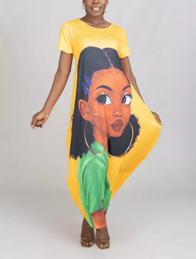 23040- Women's Plus Size Maxi Dress Digital Face-Print Knit Maxi Dress - One Size (3-PCS PRE-PACK) ($20.00 Each)