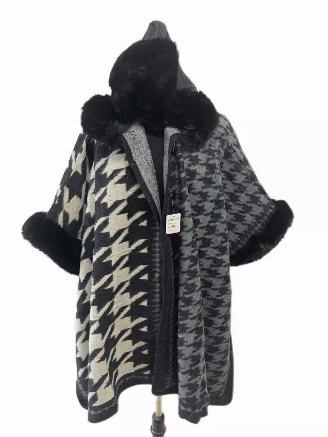 TX527 Faux Fur Houndstooth Cape with Hoodie — Black