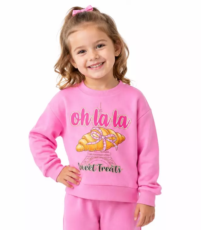 Girls Pink Sweet Treats Paris Screen W Stones Crew Neck Jogset – 8780502