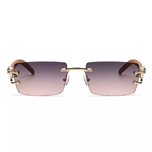 Luxury Rimless Rectangle Sunglasses with Leopard Side Detail and Wood Grain Side Temples J11029