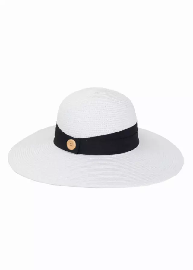 Magid Straw Button Ribbon Floppy Hat — WHITE