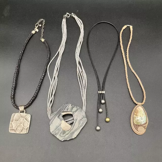 Boho Style Costume Jewelry Lot 4 Pendants Natural Stone Leather Braided Cord