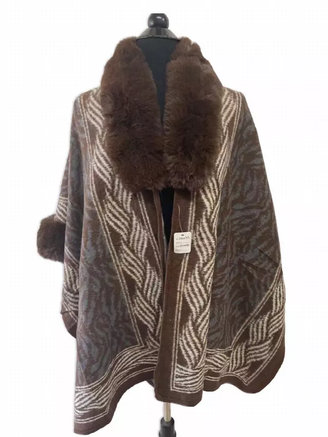 TX503 Faux Fur Pattern Cape — Brown