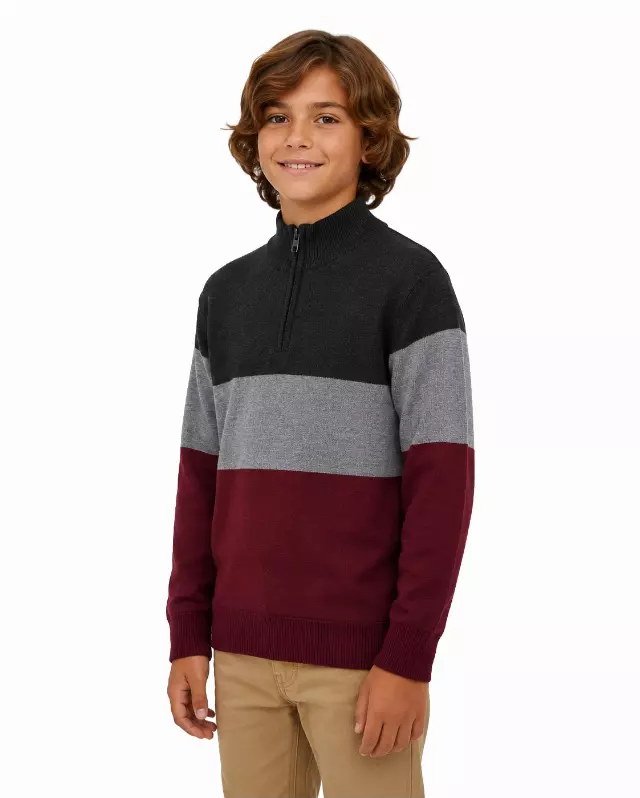 Big Boys' Striped Quarter Zip Sweater W26-8 — 8-10/12-14/16-18 / W100 Burgundy