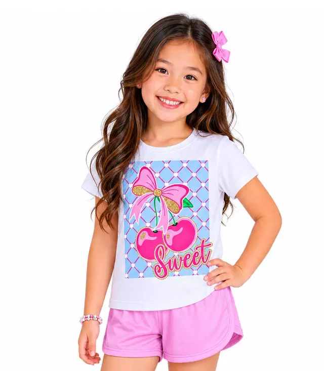 GIRLS PINK Glossy Cherries Sweet Screen Top w Pink Mesh Short Sets - 2259304