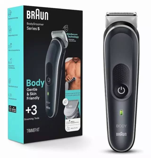 Braun Body Groomer 5 for Men, BG5340, Manscaping Tool, SkinShield Technology, Sensitive Comb, Lifetime Sharp Metal Blade, Body Groomer for Men, Gray/White