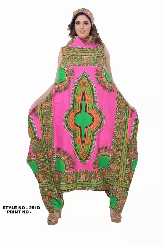 251DSK - NOW IN DASHIKI COLORS - Cow Neck African Wax Jumpsuit/Dress (3 PCS PRE-PACK) - $25 Each — One Size (4 - 26) / Pink/Green