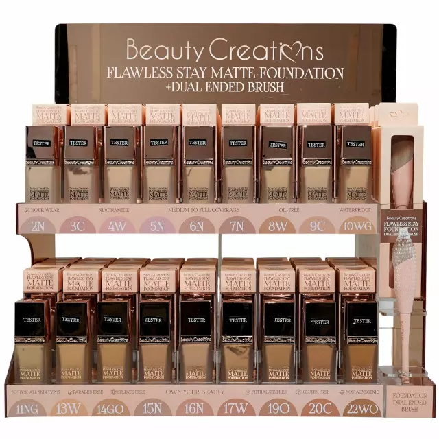 Beauty Creations Flawless Stay Matte Foudation - Wholesale Display 90 Units + 18 Tester + 6 Brushes (FSMF-AD18)