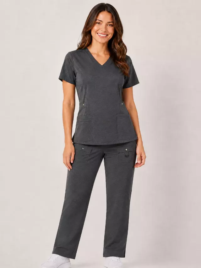 Vivian | 6-Pocket Top and Snap Pocket Straight Leg Pant Set — Heather Charcoal / XL
