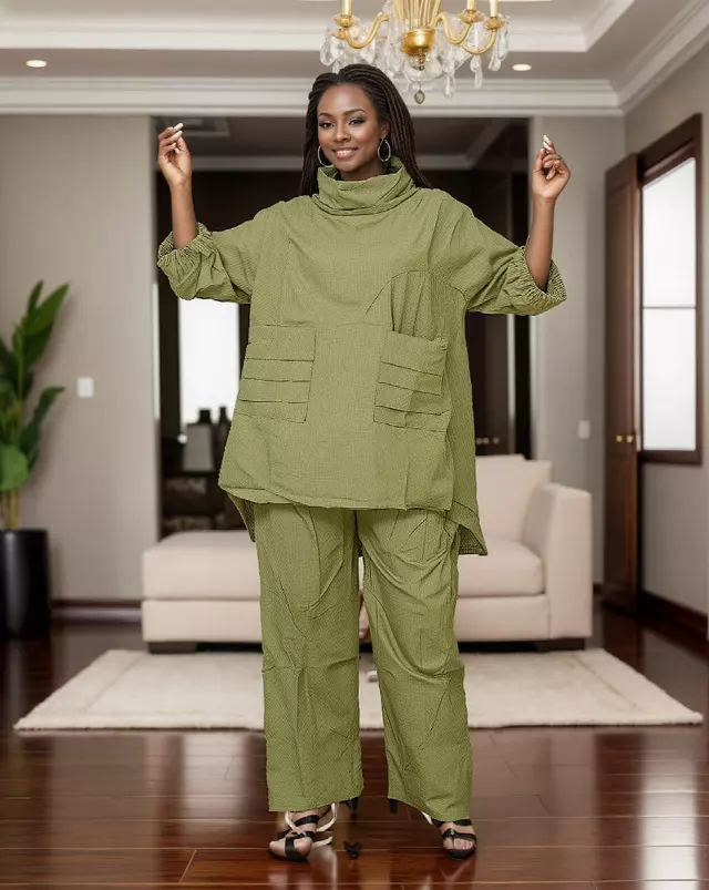 7874 L Linen 2pc Pant Set Round Cowl Neck Authentic African Design - $25 Each (3 pcs per pack) — One Size / Olive