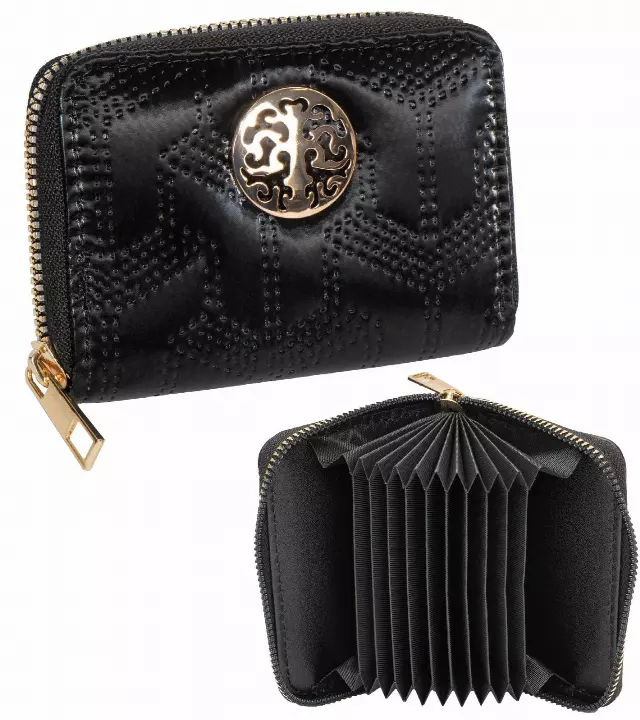 Rebecca & Rifka Patent Geometric Quilt Medallion Zip Accordion Wallet — BK/GD