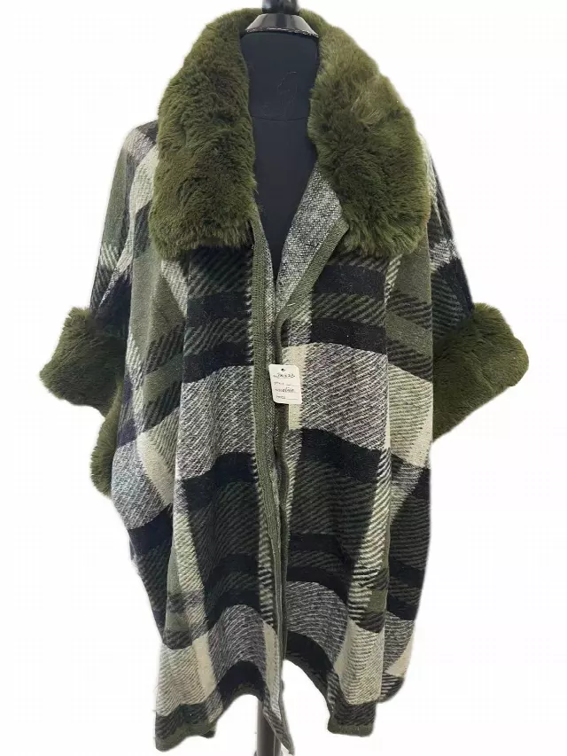 TX523 Faux Fur Plaid Cape — Olive