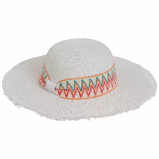 Magid Printed Ribbon & Frayed Brim Straw Floppy Hat — WHITE