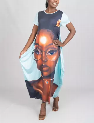 23035- Women's Plus Size Maxi Dress Digital Face-Print Knit Maxi Dress - One Size (3-PCS PRE-PACK) ($20.00 Each)