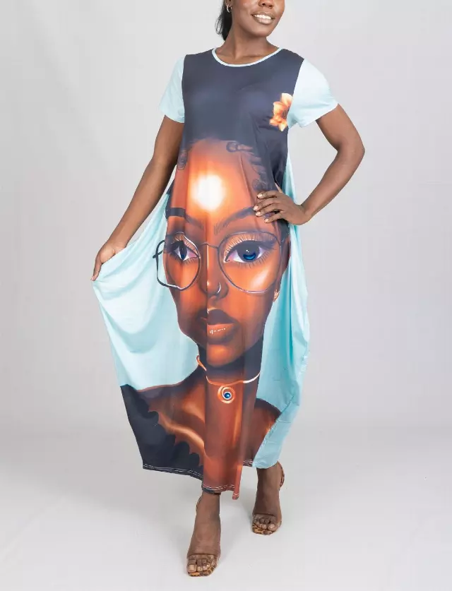 23035- Women's Plus Size Maxi Dress Digital Face-Print Knit Maxi Dress - One Size (3-PCS PRE-PACK) ($20.00 Each)