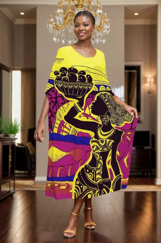 PNA-1630 - Women's Comfy Kaftan Dress with Headwrap- One Size (6-PCS PRE-PACK) - $7 Each — One Size (4-24) / Print-1630A