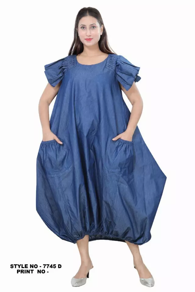 7745- Denim Dress with Pleated Sleeve - $25.00 Each — Free Size / Print-Denim