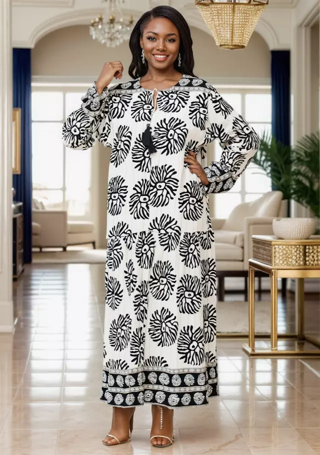 25050- Ankle Length Gorgeous Printed Dress - $25.00 Each (3 pcs per pack) — Free Size / Black