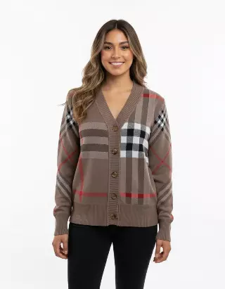 Button-Down Cardigan With Bold Plaid Design — Brown / S-M-L-XL-2XL