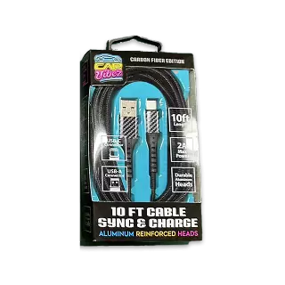 Charging Cable Carbon Fiber USB to USB-C 10FT 2 Amp - 3 Pieces Per Pack 24579