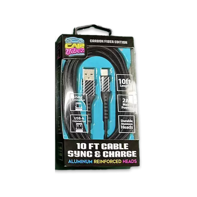 Charging Cable Carbon Fiber USB to USB-C 10FT 2 Amp - 3 Pieces Per Pack 24579