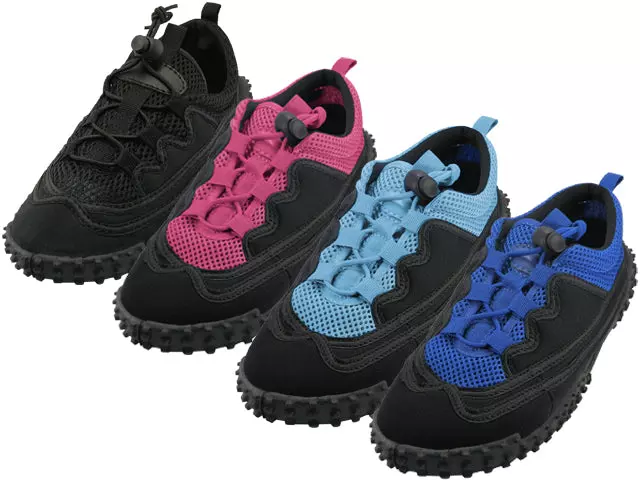 W1188L-A - Wholesale Women's "Wave" Nylon Upper With TPR. Outsole Lace Up Sport Water Shoes — Assorted - All lack, Black/Royal Blue, Black/Fuchsia & Black/Blue (W1188L-A) / 7
