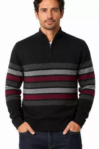 Men's Striped Quarter Zip Sweater #WXX-26 — W76 / S-M-L-XL
