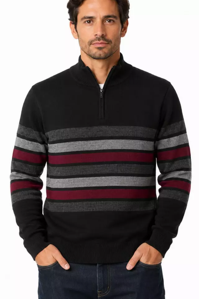 Men's Striped Quarter Zip Sweater #WXX-26 — W76 / S-M-L-XL