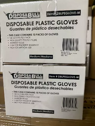 Disposable Plastic Gloves, 10 bags of 100 per case, 10000 TTL