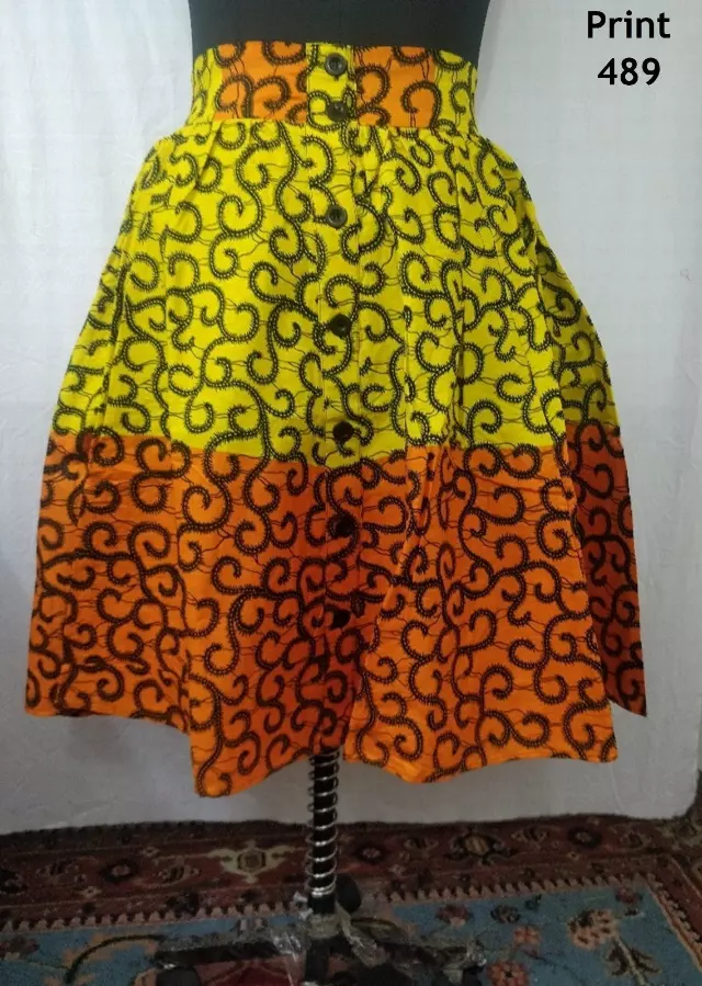 9054 - Button Down 28 inch length Authentic African Skirt (3 PCS PRE-PACK) - $15.00 Each — One Size (4 - 24) / Print-489